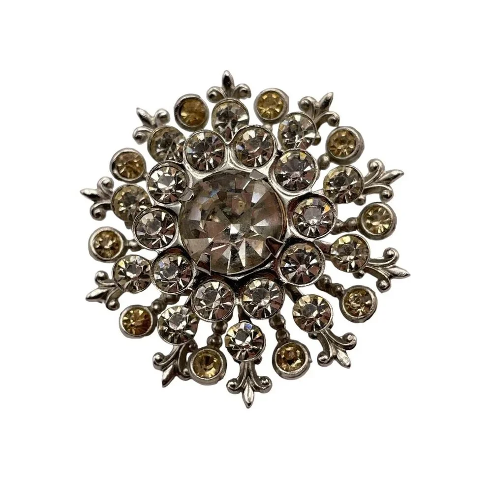 Vintage CORO Silver Tone Clear & Yellow Rhinestone‎ Starburst Layered Brooch Pin
